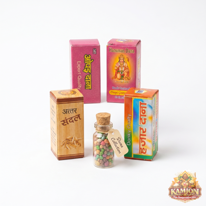 Premium Traditional Pooja Dana & Attar Combo (Set of 4 Boxes + 1 Glass Vial) 