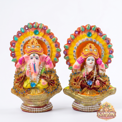  Beautiful Ganesha & Lakshmi Handcrafted Decorated Murti Set  (Set of 2, ~500g)