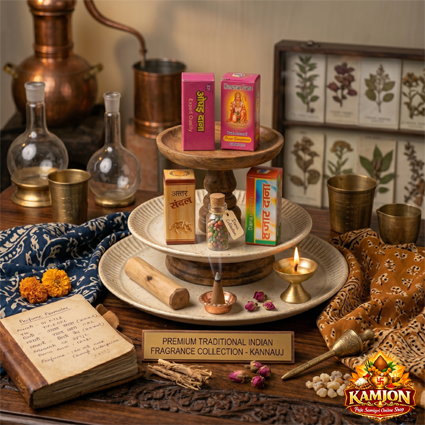 Premium Traditional Pooja Dana & Attar Combo (Set of 4 Boxes + 1 Glass Vial) 