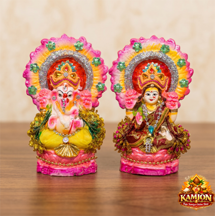  Premium Vibrant Laxmi Ganesha Idol Set with Shimmer Finish 