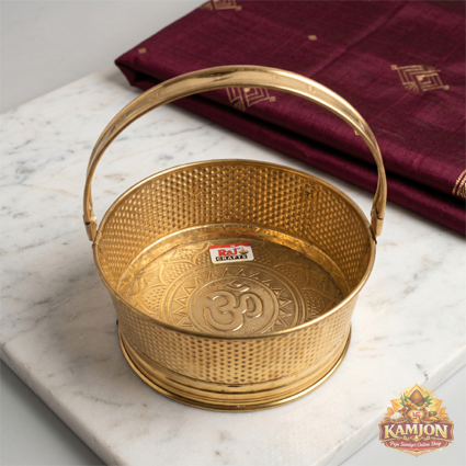 Golden Brass Finish Pooja Basket with Handle