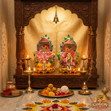 Exquisite Multicolored Ganesha & Lakshmi Idol Set with Jewel  Accents