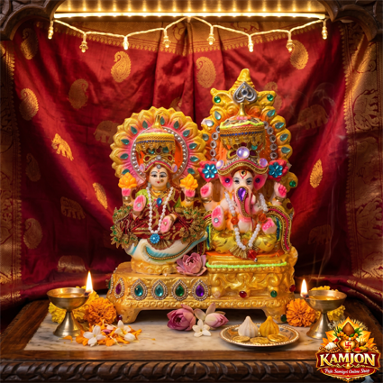 Vibrant Hand-Painted Lakshmi & Ganesh Idol Set with Decorative Mukut