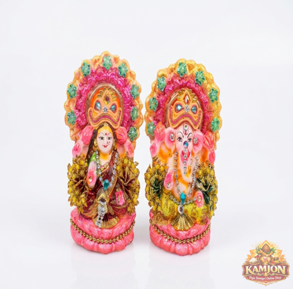  Vibrant Handcrafted Lakshmi Ganesha Idol Set with Gem Accents