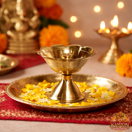 Brass Lotus Diya on Stand