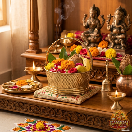  Premium Hammered Brass Puja Flower Basket (Phool Tokri)  with Handle