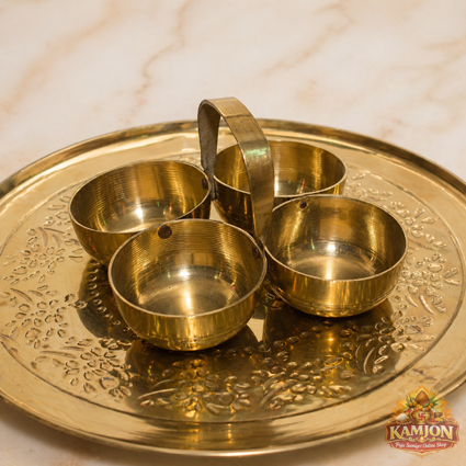 Brass 4 Katori Pooja Bowl Set with Handle