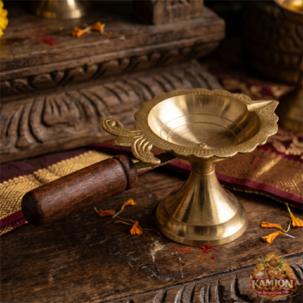  Handcrafted Pure Brass Camphor Burner (Kapoor Dani) with  Insulated Wooden Handle