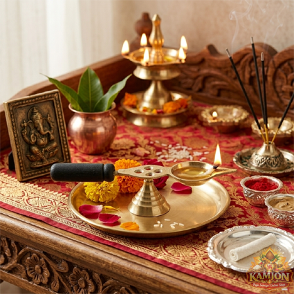  Traditional Brass Aarti Diya with Wooden Handle