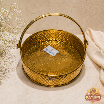 Om Embossed Golden Pooja Basket with Handle