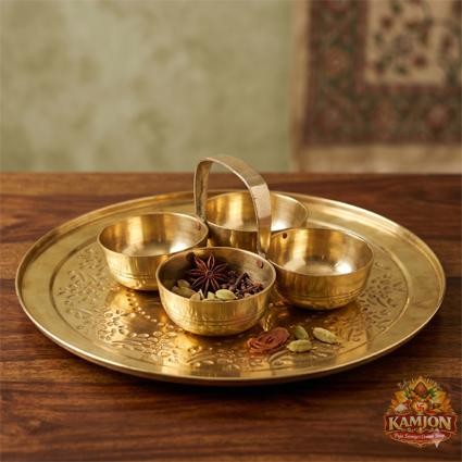 Brass 4 Katori Pooja Bowl Set with Handle
