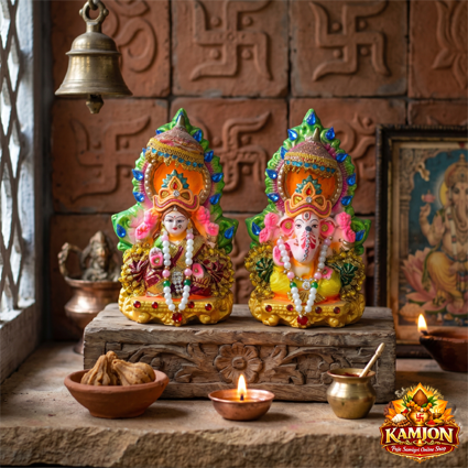 Hand-Painted Vibrant Lakshmi & Ganesha Idol Set  (Decorated)