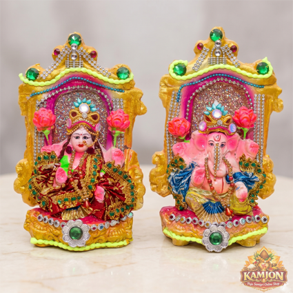 Handcrafted Lakshmi Ganesha Idol Set with Decorative Gold Singhasan (Pair) 