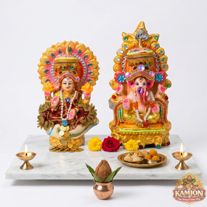 Vibrant Hand-Painted Lakshmi & Ganesh Idol Set with Decorative Mukut