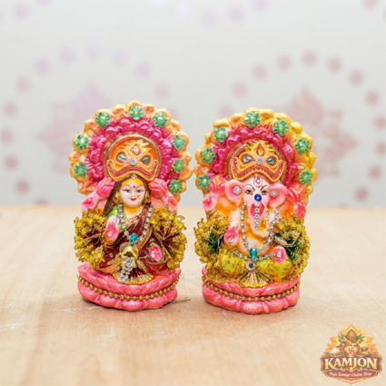  Vibrant Handcrafted Lakshmi Ganesha Idol Set with Gem Accents