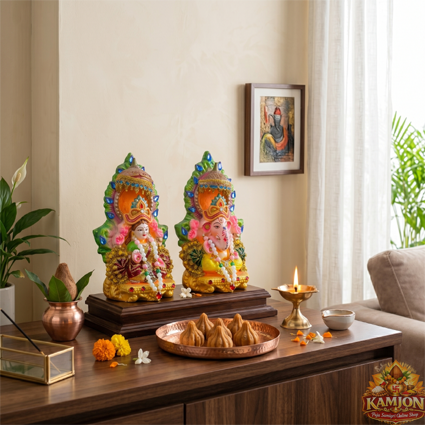 Hand-Painted Vibrant Lakshmi & Ganesha Idol Set  (Decorated)