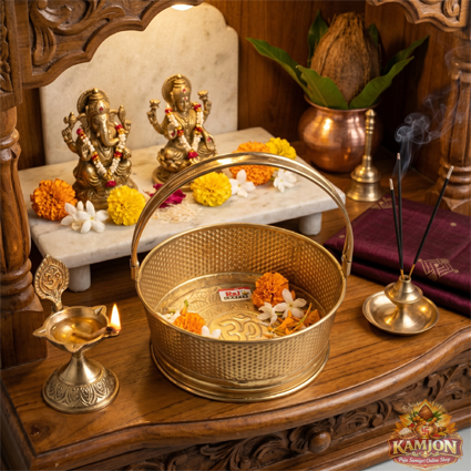 Golden Brass Finish Pooja Basket with Handle