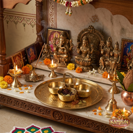 Brass 4 Katori Pooja Bowl Set with Handle