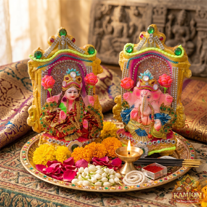 Handcrafted Lakshmi Ganesha Idol Set with Decorative Gold Singhasan (Pair) 